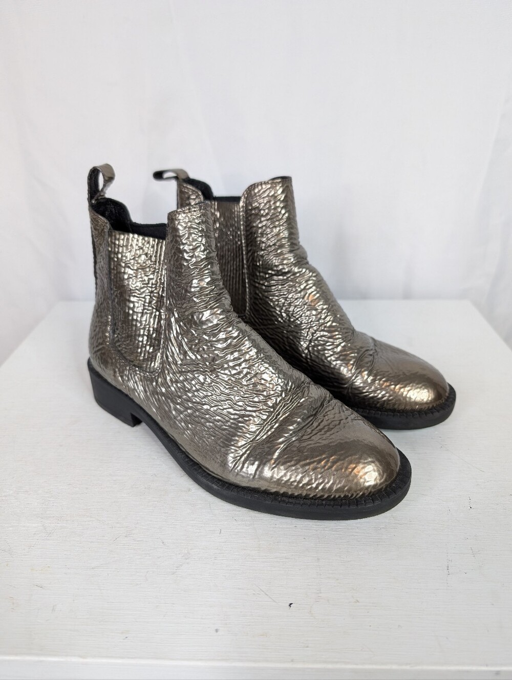 Pedro Garcia Kelsey Flat Chelsea Boots Metallic Patent Leather Booties - Size 7